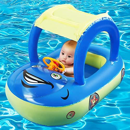 Bóia de piscina inflável para bebê com dossel, barco em forma de carro para bebês nadar com guarda-sol Assento de segurança para criança infantil anel de natação piscina bóias de primavera verão praia brincar ao ar livre (azul)