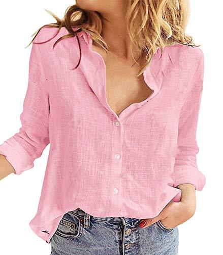 Cotrio Camisas femininas de botão para baixo com decote em V manga longa escritório casual blusas de negócios tops tamanho M rosa