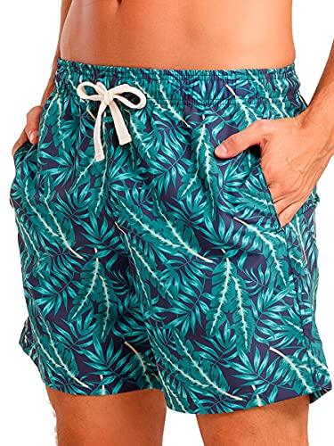Shorts Casual Estampado Folhas Tropical, Mash, Masculino, Azul Marinho, M