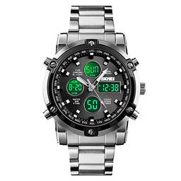 SKMEI Relógio de pulso masculino analógico militar impermeável com cronógrafo multitempo de LED, relógios de aço inoxidável para homens, silver black, 2.28*1.89*0.63 inches