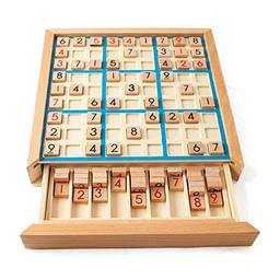 Andoer Placa de quebra-cabeça de sudoku de madeira Conjunto de jogos de sudoku de madeira com gaveta Math Brain Teaser Brinquedos de mesa