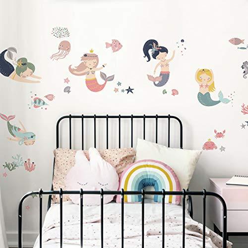 RoomMates RMK4394SCS Adesivos de parede para destacar e colar Sereias Pastel Doce | Decoração de quarto de meninas, azul, bronzeado, amarelo, rosa, verde, roxo, branco