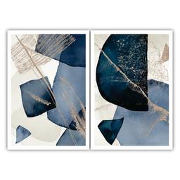 Dois Quadros Decorativos Abstrato Azul 90x60 Sala Quarto Cor da Moldura:Branco