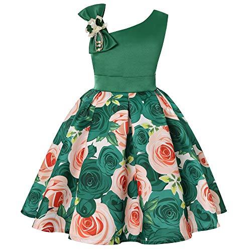 Houfung Vestido infantil de 3 a 9 anos com listras de flores para meninas, roupas infantis, vestido de princesa para festa de casamento, Verde, 3T