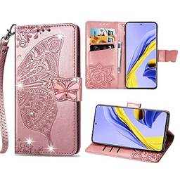 Capa carteira para iPhone 8 com estampa de diamante em relevo borboleta PU couro carteira capa flip para iPhone 7 - ouro rosa