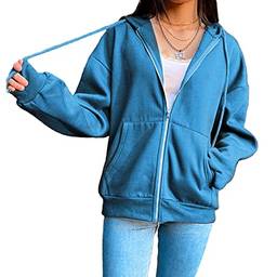 Newmind Moletons femininos casuais com capuz, de manga comprida, com zíper, atléticos, leves, urbanos, Azul S, Medium