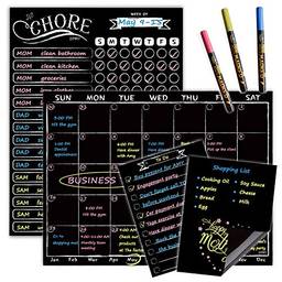 JJPRO Calendário mensal de quadro-negro magnético – Conjunto de quadro negro com marcadores de giz líquido neon brilhante – Lista de compras bônus e bloco de notas para geladeira incluído