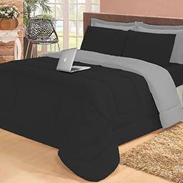 Jogo de cama Casal com edredom lençol fronha função cobre leito e cobertor (Preto e Bege)