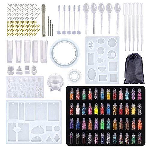 XWU Kits de moldes de silicone para resina epóxi, para artesanato, inclui broca manual, lantejoulas e ferramentas