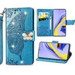 Capa carteira para iPhone 8 com estampa de diamante em relevo borboleta PU couro carteira capa flip para iPhone 7 - azul