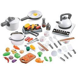 Fantercy 52 PCS Brinquedo infantil de cozinha para brincar de brinquedo com panelas e frigideiras Conjunto de brinquedos para crianças, frutas e utensílios de cozinha Talheres de brinquedo para menino