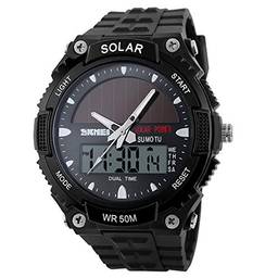 Relógio masculino esportivo solar à prova d'água com duas horas de quartzo digital para uso ao ar livre