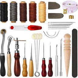 Queenser 31 unidades de ferramentas de costura de couro kit de costura artesanal de couro DIY com dedal encerado de furador de furador