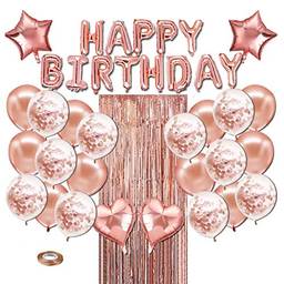 Sunbaca Conjunto de decorações para festas de aniversário de ouro rosa meninas mulheres suprimentos para festas de aniversário de bebês Balões de feliz aniversário Cortinas para decorações de festas