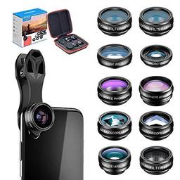 Apexel Kit de lentes de câmera de telefone 10 em 1 grande angular/macro/olho de peixe/teleobjetiva/CPL/fluxo/radial/filtro estrela/lente caleidoscópio para iPhone e a maioria dos telefones