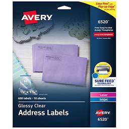 Avery Etiquetas de endereço de retorno cristalinas brilhantes para impressoras a laser e jato de tinta, 600 etiquetas (6520)