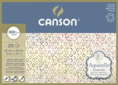 CANSON Aquarelle, 20 Folhas de Papel 300g/m² para Aquarela, Bloco 36x50cm, Grão Fino