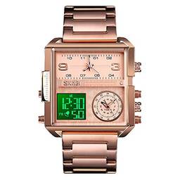 SKMEI Relógio masculino digital esportivo, relógio de pulso analógico de quartzo com mostrador grande, quadrado de LED e cronômetro impermeável multifusos horários, Ouro rosa, claro, 1.78*1.61*0.55 inch, negócios