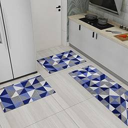 Jogo Tapetes 3 Peças de Cozinha Antiderrapante Mosaico Azul Kit Decoração Moderna