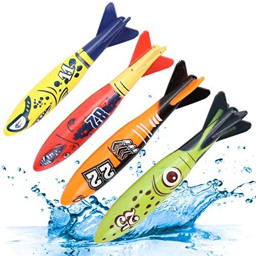 Brinquedo de mergulho para crianças, 4 peças pvc mergulho subaquático torpedo piscina brinquedos de mergulho lançamento de foguetes jogo de mergulho treinamento de natação brinquedo de verão combinaçã