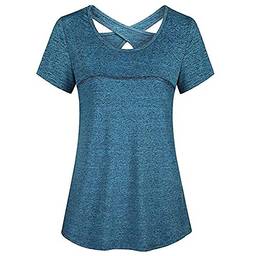 Camiseta feminina de manga curta para ioga de secagem rápida Camiseta de treino esportivo para ioga Top Activewear Dark blue XXL