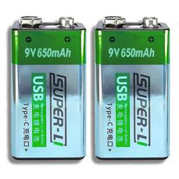 TwiHill 9V Batteries - Type C Rechargeable 9V Lithium Batteries - Li-ion Battery Cell - 650mAH (9V Baterias (2 unidade))