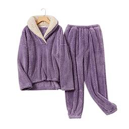 Elonglin Conjunto de Pijamas Feminino Quente Top com Capuz Calças Compridas com Bolsos para Casa Pijamas de Flanela Lã de Coral para Mulheres Roxo M