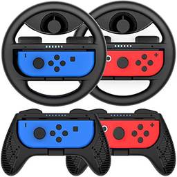 TwiHill Aderência de volante para jogos de corrida ? Adequado para volante Nintendo Switch Mario Kart, Joy-Con, preto (acessórios de fixação do controlador Joycon 2 rodas, 2 punhos)