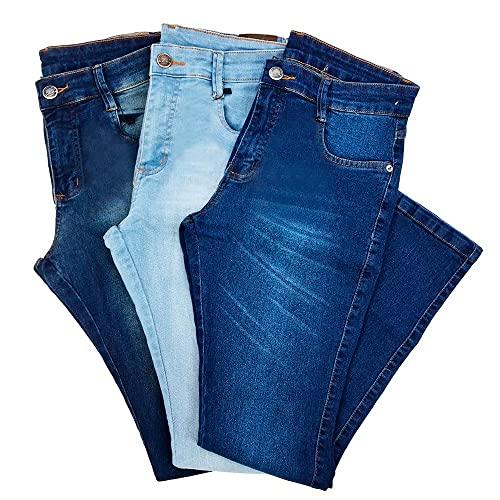 Kit 3 Calças Jeans Masculinas Slim Com Lycra Bamborra (Azul Claro, Azul Médio e Azul Escuro, 46)