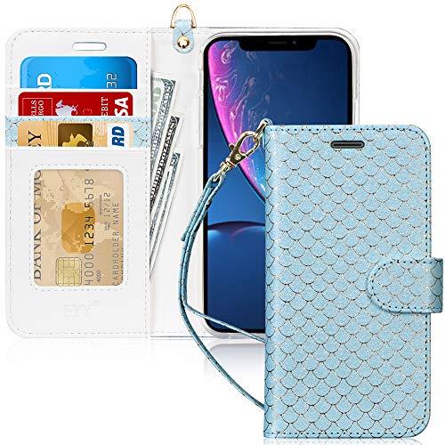 Capa de Celular FYY Para Iphone XR, Flip, PU, Compartimento de Cartão e Suporte - Efeito Escama de Peixe Azul
