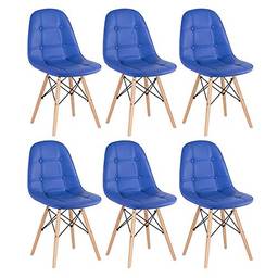 Loft7, Kit 6 Cadeiras Charles Eames Eiffel, Assento Estofado Botonê, Pés Em Madeira Clara Moderna E Elegante Versátil Sala De Jantar Cozinha Cafeteria Quarto, Azul