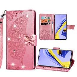 Capa carteira para iPhone 8 com estampa de diamante em relevo borboleta PU couro carteira capa flip para iPhone 7 - rosa