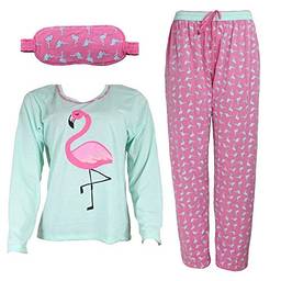 Kit Pijama Flamingo Mãe e filha Adulto Infantil Com Tapa Olho Manga Longa (M/6)