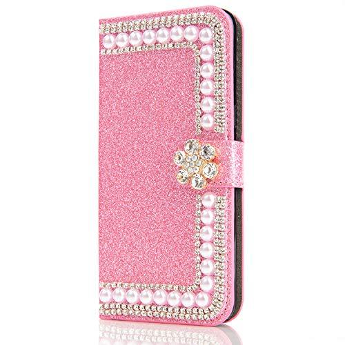 Capa carteira XYX para iPhone 11, capa carteira para iPhone 11, design com fivela de flor de pérolas com glitter e design de fivela de couro PU para meninas e mulheres para iPhone 11 de 6,1 polegadas (rosa)