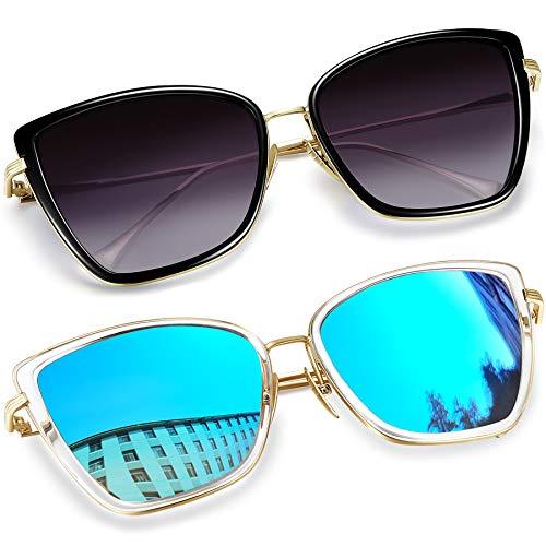 Óculos de Sol Feminino Olho de Gato Joopin Vintage Armação de Metal Óculos Proteção UV 400 (Preto+azul)