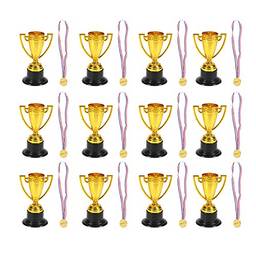 TOYANDONA Conjunto de 24 peças de mini troféus e prêmios, copo de troféus de ouro de plástico e medalhas douradas para competições de crianças e adultos, esportes, recompensas, brindes de festa