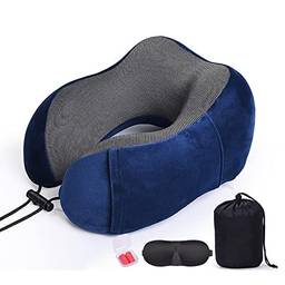 NEARAY Travesseiro de viagem portátil Com máscara para os olhos e tampões para os ouvidos, travesseiro de pescoço de espuma de memória travesseiro de apoio de pescoço avião almofada de descanso de dormir (Azul marinho)