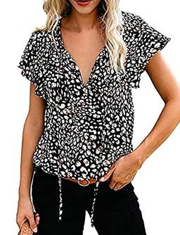 Cotrio Blusas Boho de verão floral feminino com decote em V manga curta casual solta camiseta superior tamanho M preto