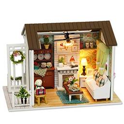 Aibecy Kit de casa de boneca em miniatura DIY Mini realista 3D Casa de madeira artesanato com mobília Luzes LED Festival de aniversário do dia das crianças