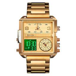 Relógio masculino Esportivo Digital SKMEI, Relógio de pulso de quartzo analógico quadrado de LED grande com cronômetro à prova d'água com fuso multihorário, Negócio, Gold-light, 1.78*1.61*0.55 inch