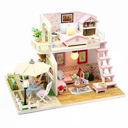 Henniu Kit de casa de bonecas de madeira em miniatura DIY para casa de bonecas com mobília com luz LED música rosa loft