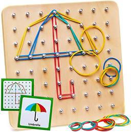 Geoboard de Madeira - Brinquedo Montessori, Brinquedo de Educação Matemática Gráfica para Crianças com 30 Cartões Padrão e 40 Elásticos para Criar Figuras e Formas, Brain Teaser STEM Toy Geo Board