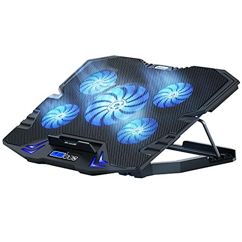 TopMate C5 12 – 15,6 polegadas Laptop Cooler Pad, 5 ventoinhas silenciosas e tela LCD, 5 alturas de ajuste, 2 portas USB e luz LED azul