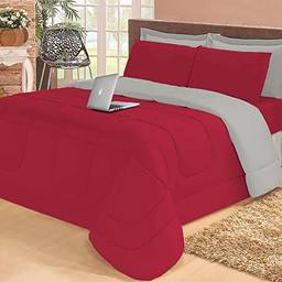Jogo de cama Casal com edredom lençol fronha função cobre leito e cobertor (Vermelho e Cinza)