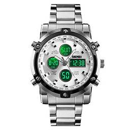 SKMEI Relógio de pulso masculino analógico militar impermeável com cronógrafo multitempo de LED, relógios de aço inoxidável para homens, Clássico, silver silver, 2.28*1.89*0.63 inches