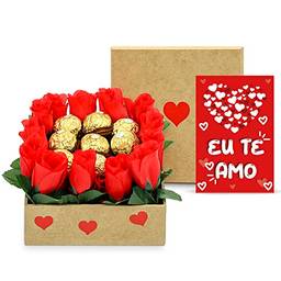Caixa com Flores e Trufas Bombons Ferrero Rocher Dia dos Namorados