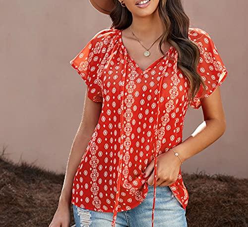 Cotrio Blusas Boho de verão floral feminino com decote em V manga curta casual solta camiseta superior tamanho M vermelho