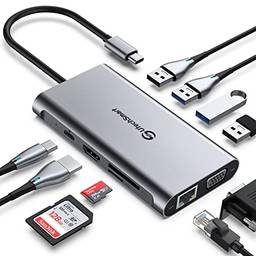 UtechSmart USB C Hub, adaptador USB C 11 em 1 com porta Gigabit Ethernet, porta de carregamento tipo C PD, HDMI 4K, VGA, leitor de cartão SD TF, 4 portas USB e porta de microfone de áudio, compatível com MacBook, ChromeBook Mais