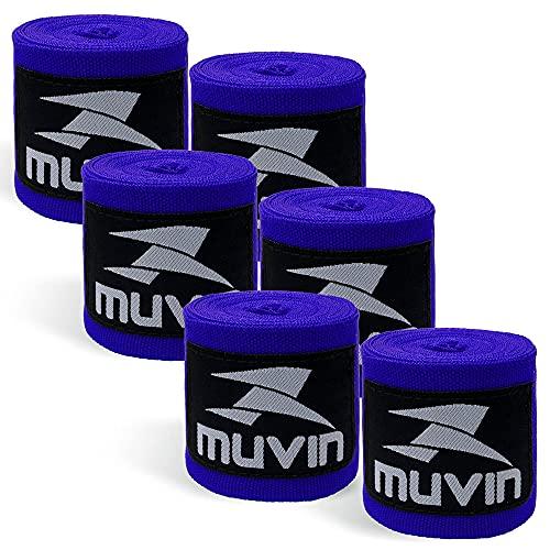 Kit Bandagem Elástica 3 m Muvin com 3 Pares - Com Velcro e Alça para Polegar - Atadura de Proteção Para Mãos e Punhos - Faixa de Boxe - Muay Thai - Artes Marciais - MMA - Luta - Treino (Azul)