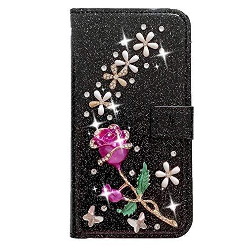 Capa carteira XYX para Samsung Galaxy S10 Lite/A91, [flor rosa 3D] capa carteira de couro PU brilhante com glitter para mulheres e meninas, preta